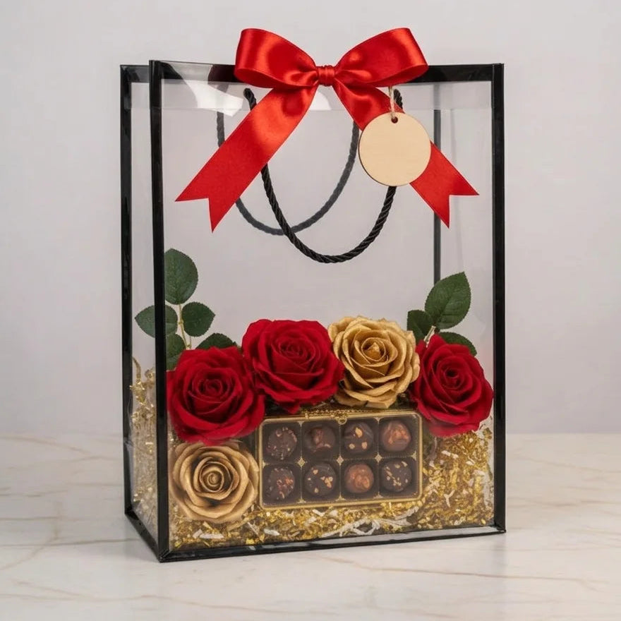 Clear PVC perfume gift hamper bag with red bow, red and gold roses and chocolates, empty ready to add 2–6 perfumes – Aura Luxe UAE