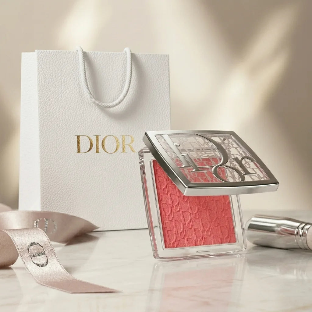 Dior makeup product with blush color on a neutral background