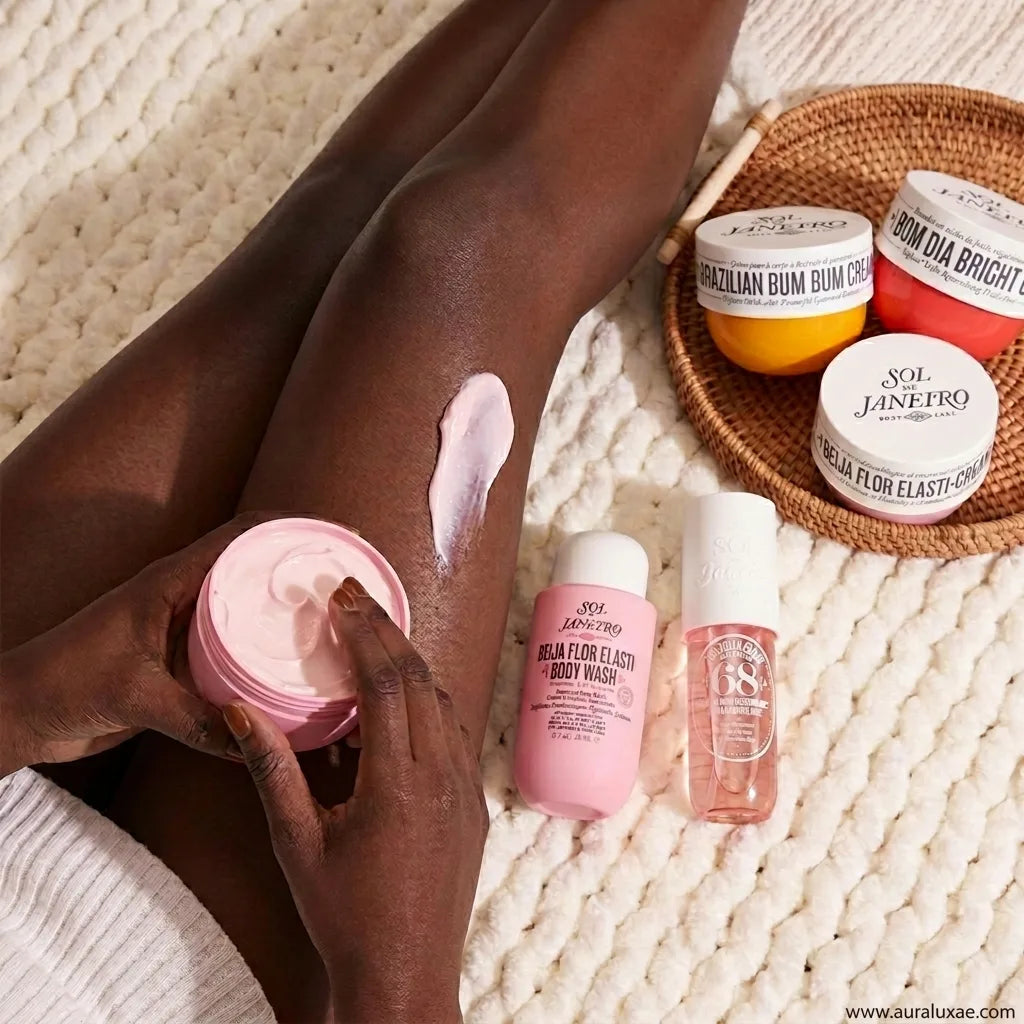 Sol de Janeiro Beija Flor Jet Set fruity floral travel body care set applying on by Aura Luxe