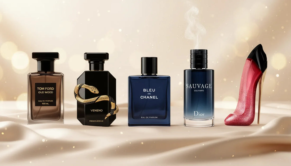 Luxury perfume bottles arranged on a cream and gold background for a blog about the best long-lasting perfumes for hot UAE weather in 2026.
