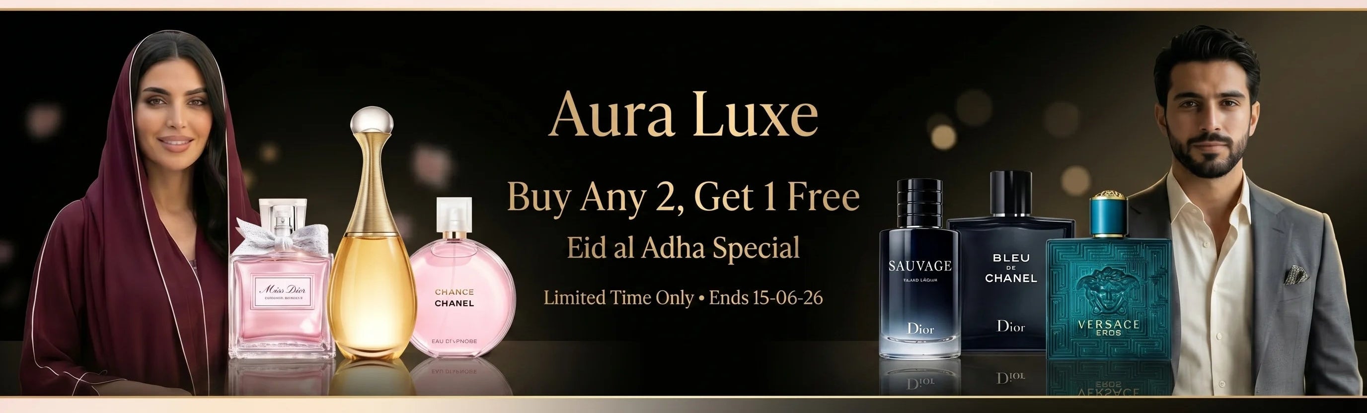 Aura Luxe Eid al Adha Special Offer - Buy Any 2 Get 1 Free on luxury perfumes. Limited time offer ends 15-06-26 with cash on delivery across UAE.