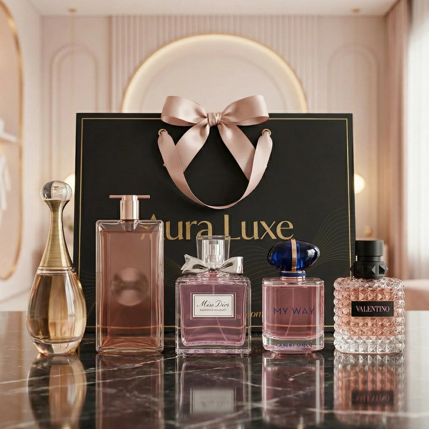 Women’s best seller perfume bundle by Aura Luxe featuring Dior, Lancôme, Armani, and Valentino