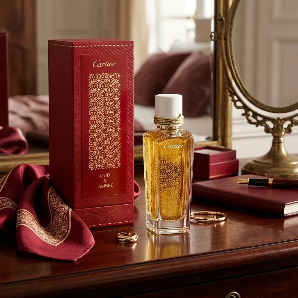 Cartier Oud & Ambre Les Heures Voyageuses 75ml woody oriental parfum styled in a luxury lifestyle scene by Aura Luxe