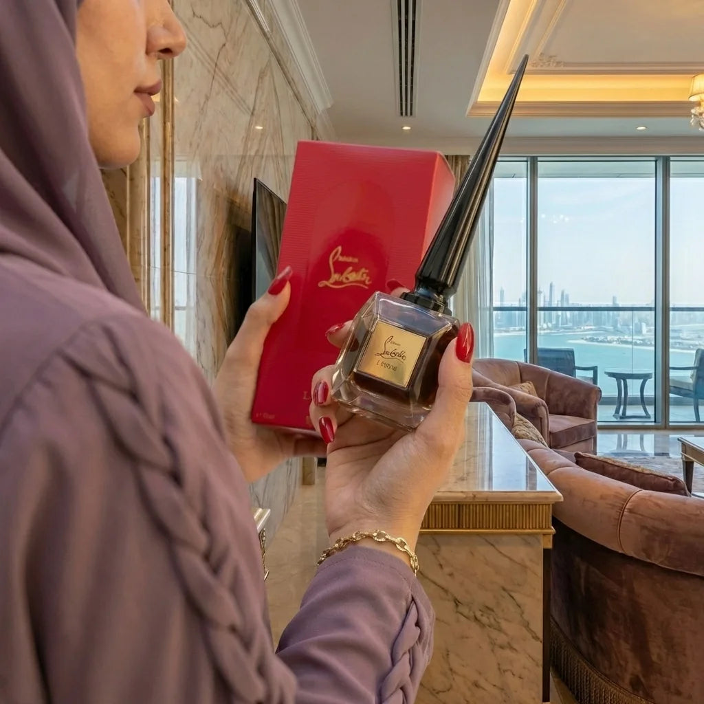 Christian Louboutin Fétiche L'Ébène 80ml woody aromatic Eau de Parfum in dubai woman hand by Aura Luxe

