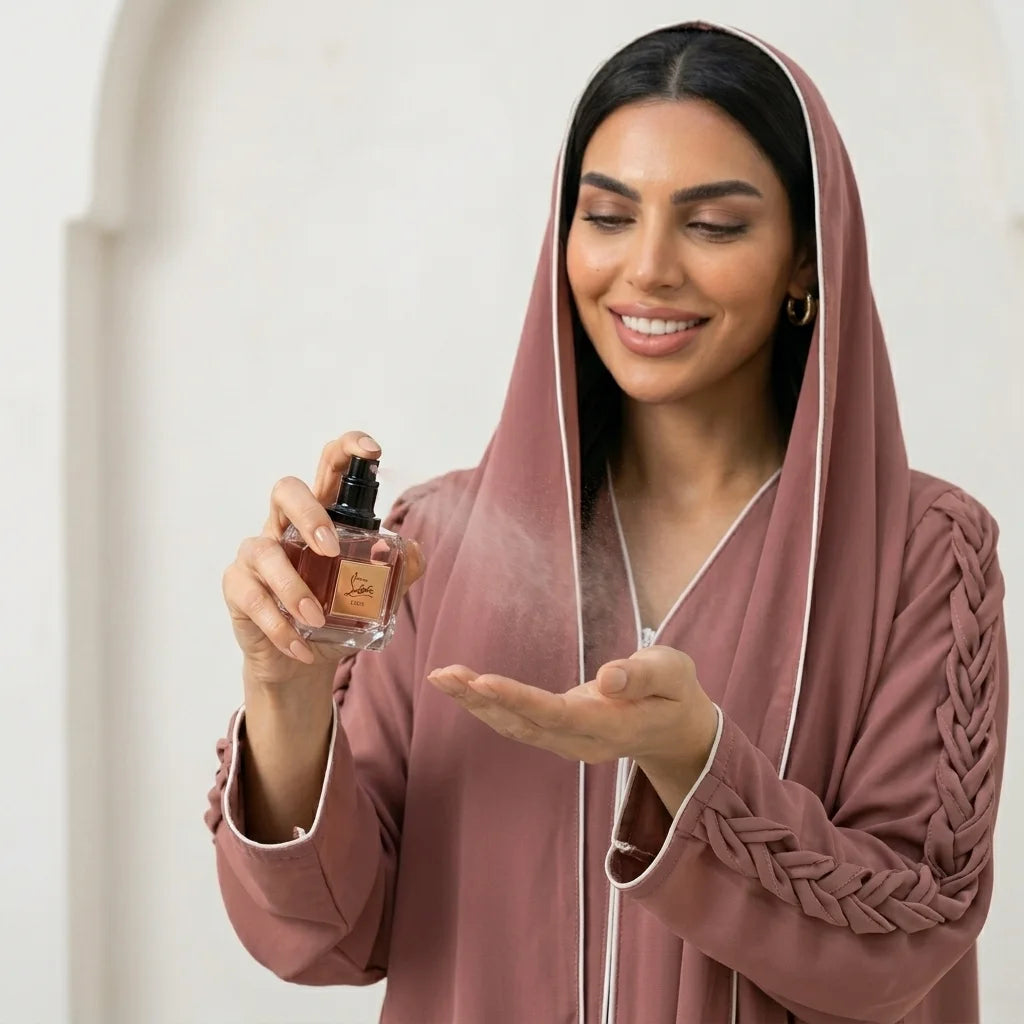 Christian Louboutin Fétiche L'Iris powdery floral woody Eau de Parfum while women spraying in uae by Aura Luxe