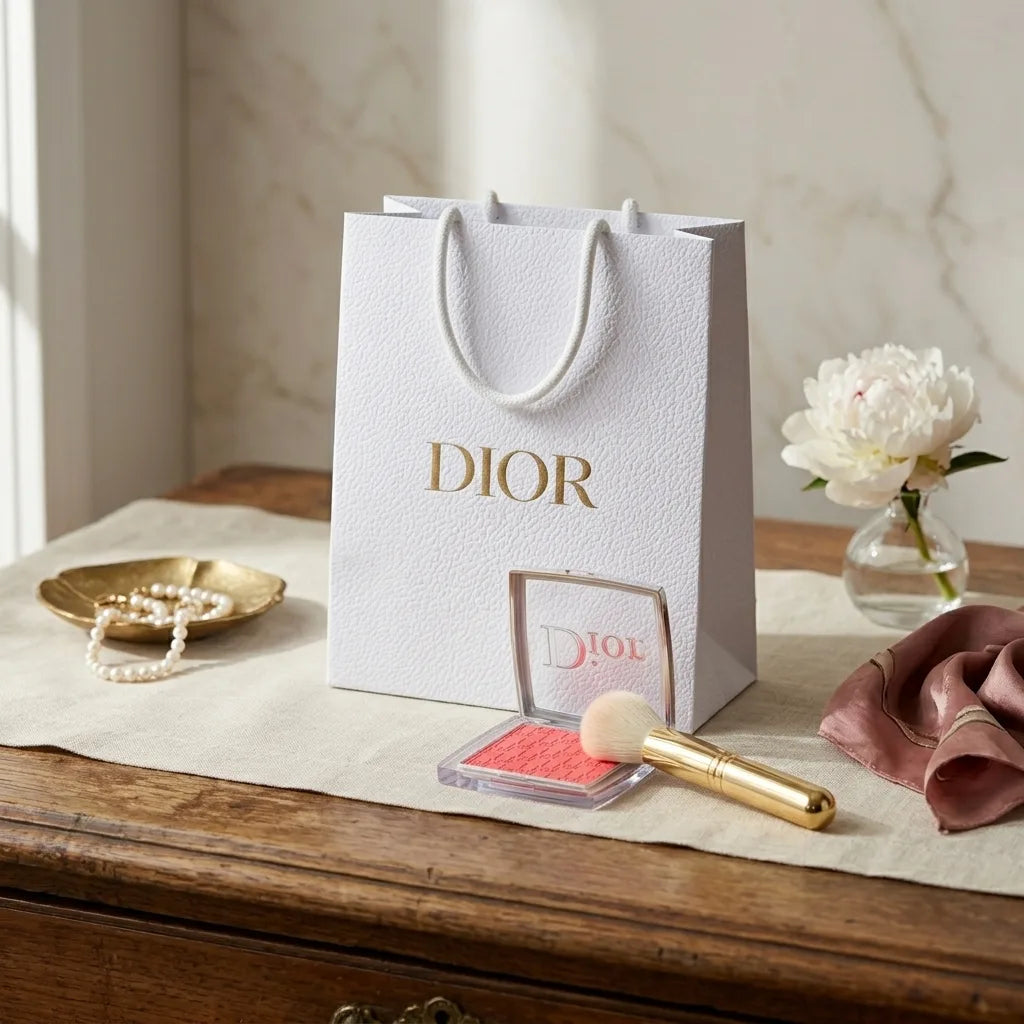 Dior makeup product with blush and brush on a wooden surface next to a Dior shopping bag.
