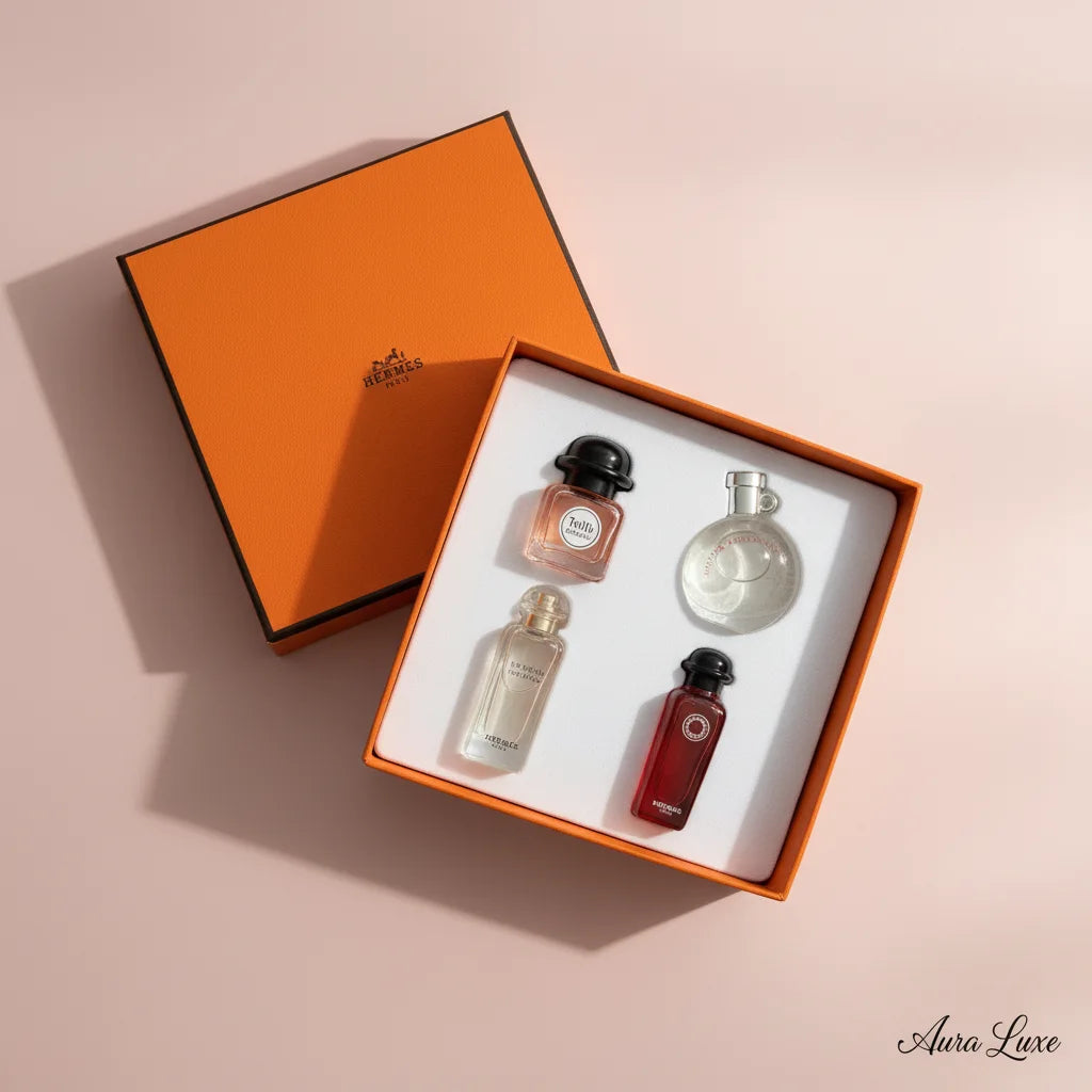 Hermès Discovery Set 4 Piece Miniatures - Twilly, Jardin Sur Le Nil, Merveilles, Rhubarbe - Luxury Orange Gift Box UAE
