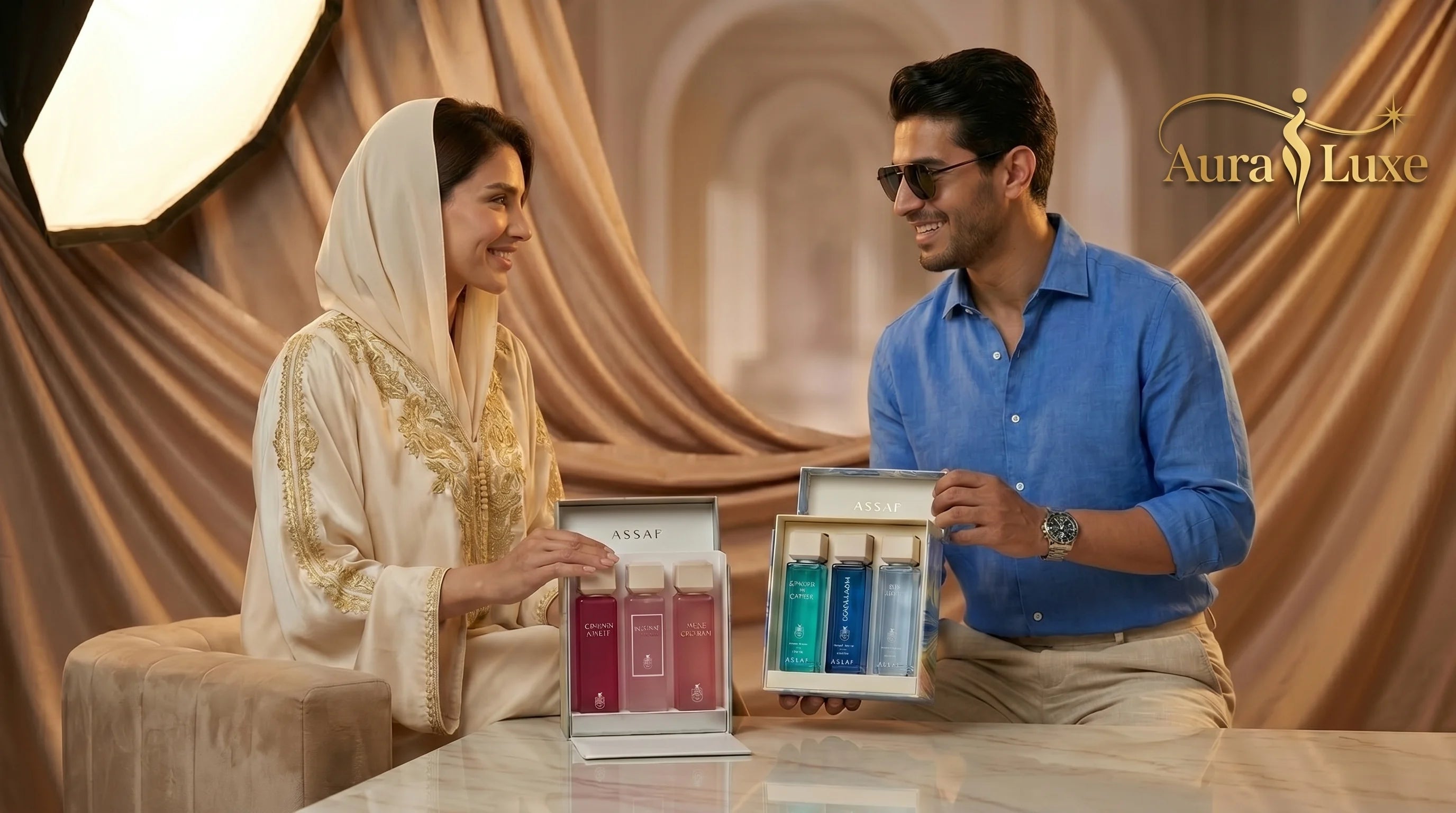 Luxury Assaf perfume gift sets for men and women in UAE - Elegant couple holding Assaf fragrance collections at Aura Luxe Dubai