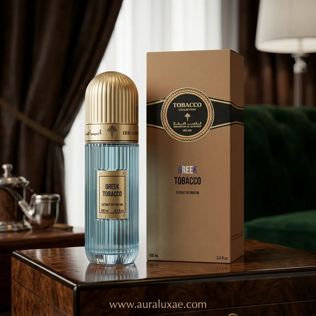 Ibraheem Al Qurashi Greek Tobacco EDP 100ml – Ocean Blue Corrugated Bottle Side View
