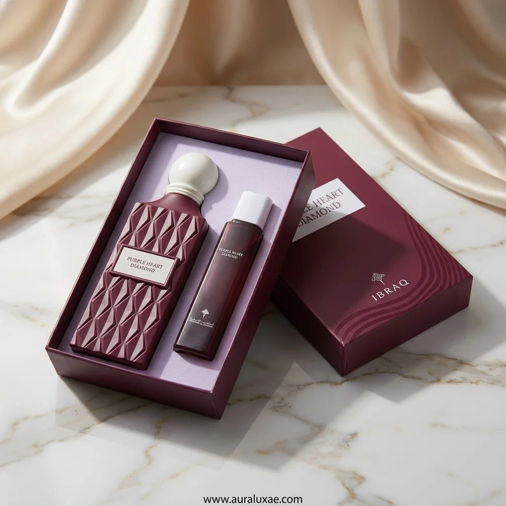 Ibraheem Al Qurashi Purple Heart Diamond Gift Set UAE 75-100ml + Travel Spray/Hair Mist 20-30ml Eau de Parfum Set fragrance for men and women