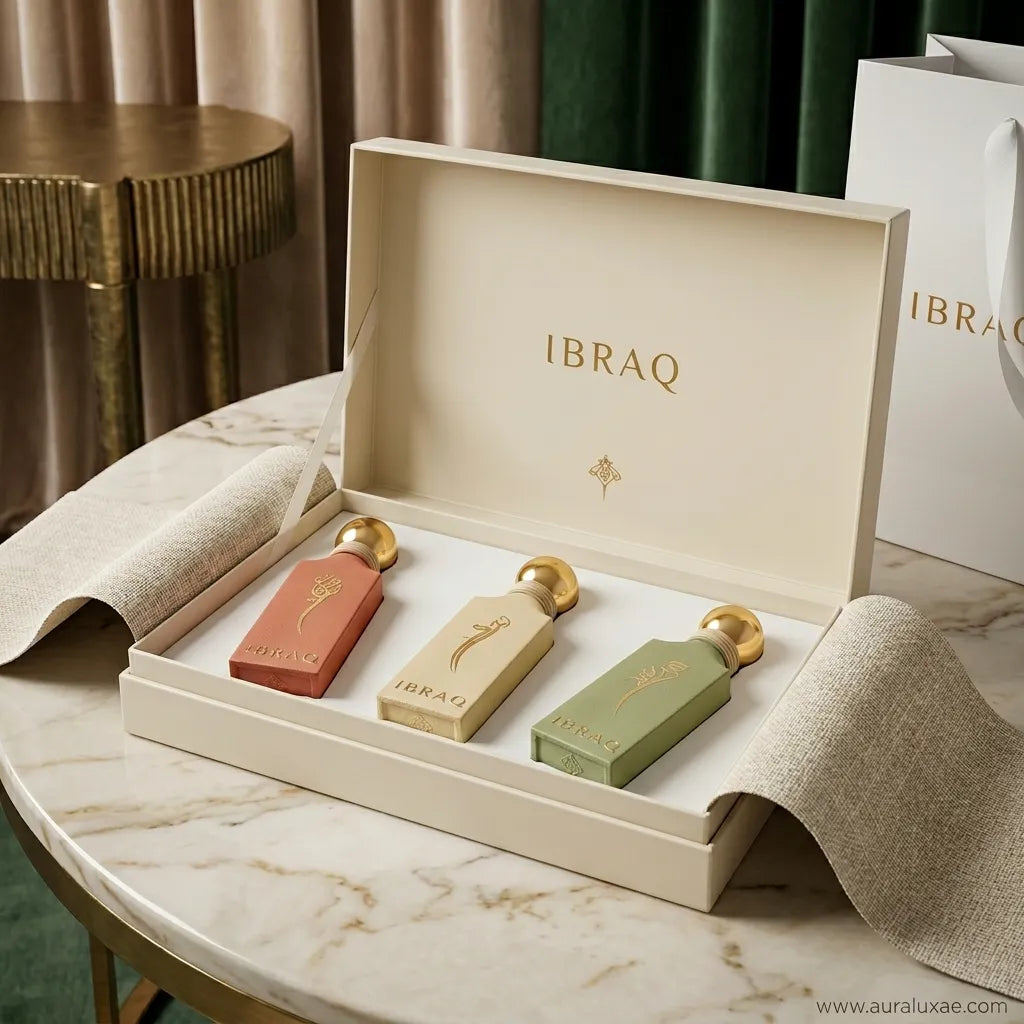 Ibraheem Al Qurashi Tobacco Trio Set – Leather Bottles Rose Beige Sage Green Detail