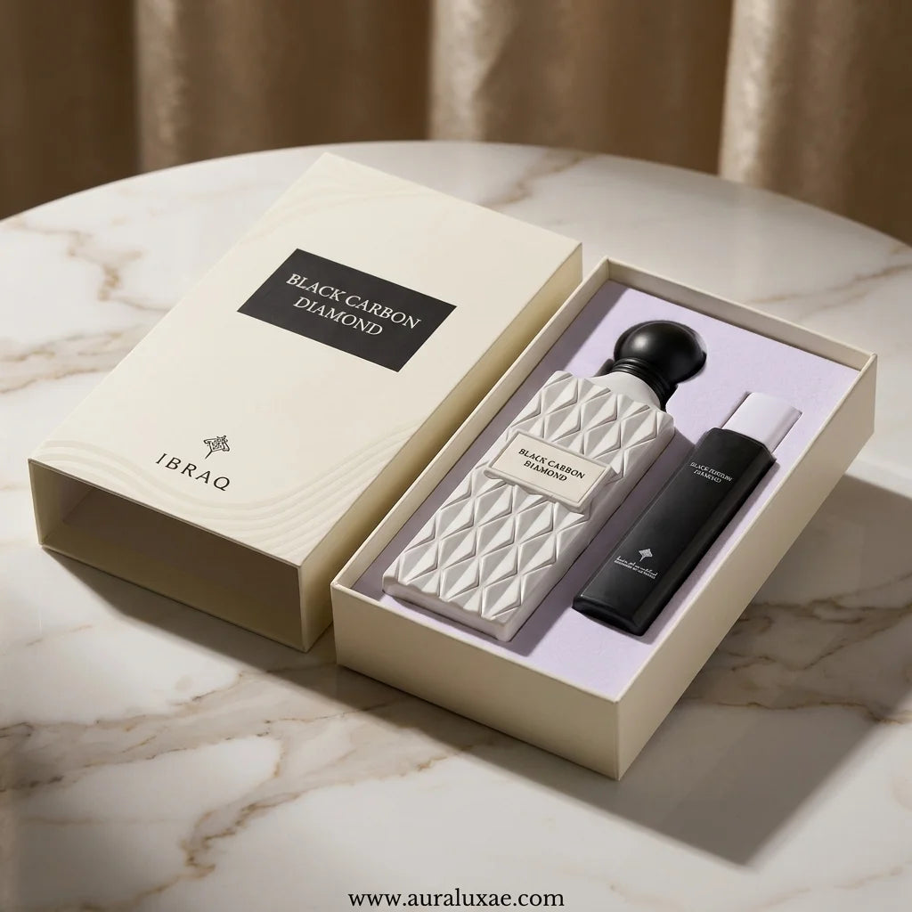 Ibraq Black Carbon Diamond Gift Set Eau de Parfum UAE 100ml Main Spray + 15-20ml Travel Spray Eau de Parfum Set fragrance for men and women