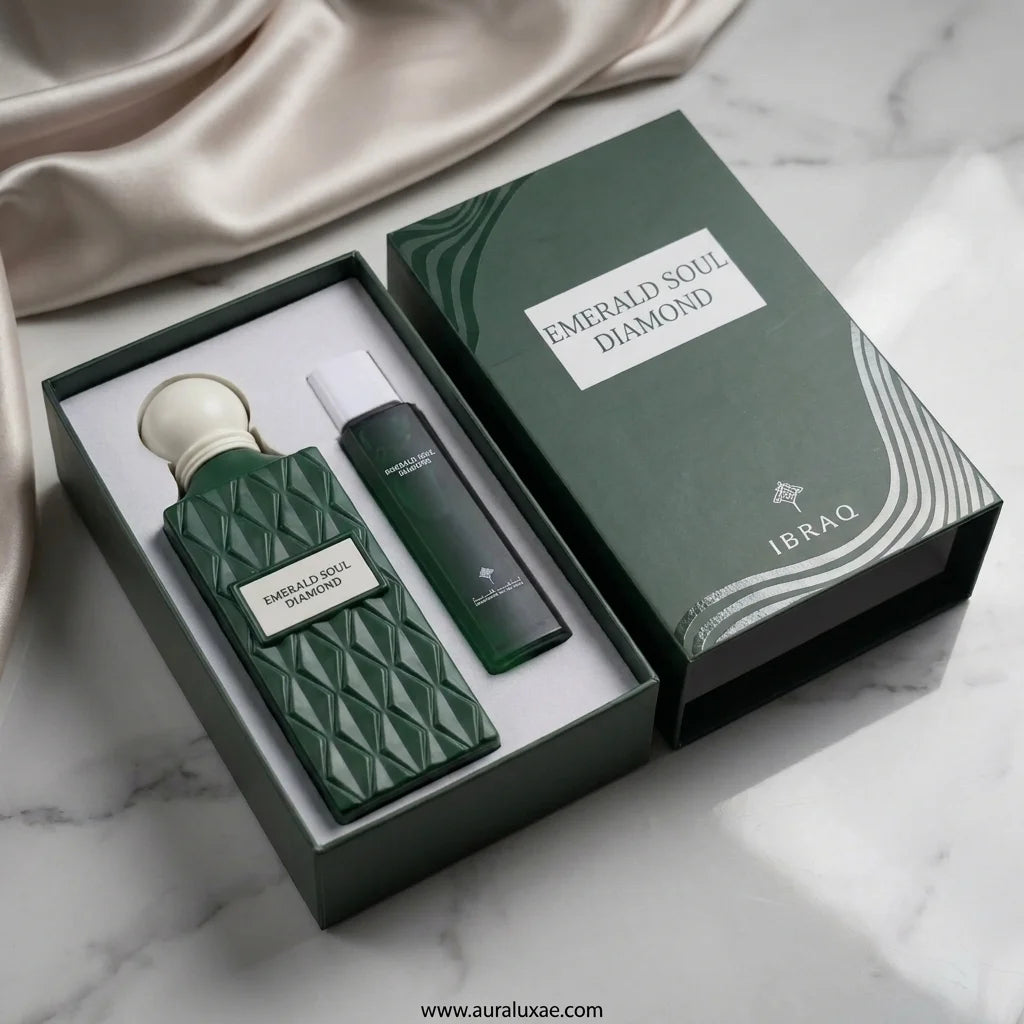Ibraq Emerald Soul Diamond Gift Set Eau de Parfum UAE 100ml Main Spray + 15-20ml Travel Atomizer Eau de Parfum Set fragrance for men and women