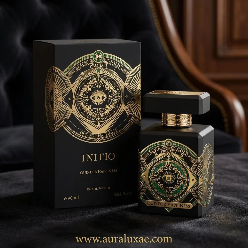Initio Oud for Happiness EDP 90ml – Side View with Green Emblem Detail Niche Perfume