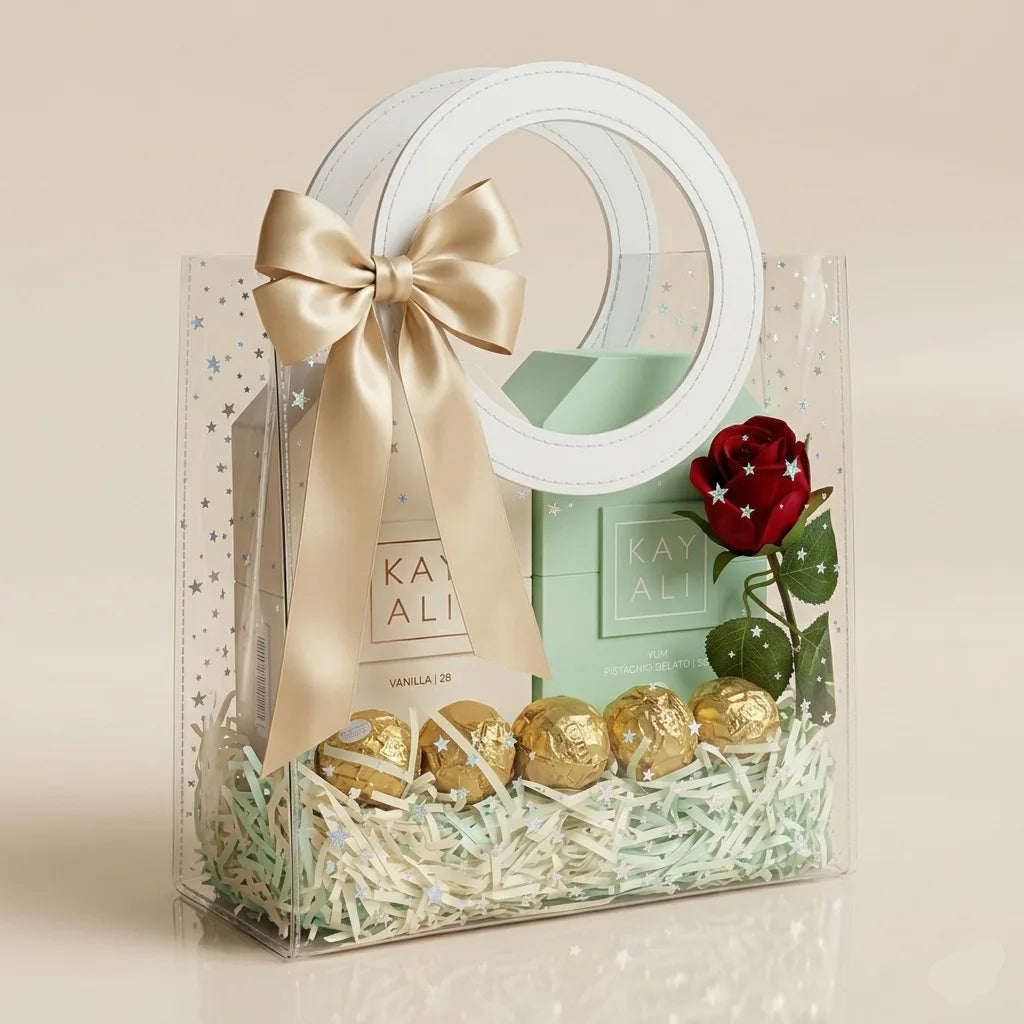 Kayali Vanilla 28 and Yum Pistachio Gelato 33 perfume gift hamper in clear PVC bag with gold bow, chocolates, mint filler and red rose – Aura Luxe UAE