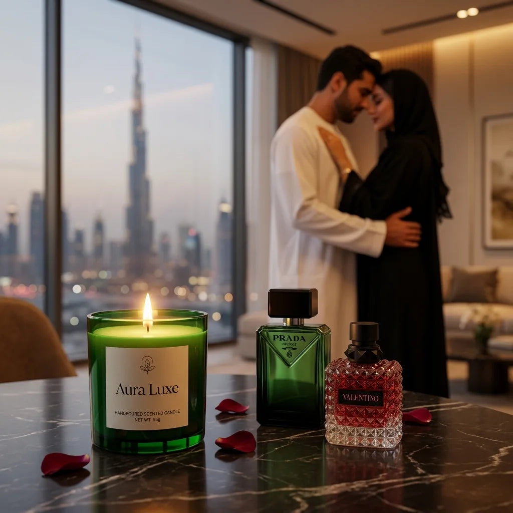 Luxury couple gift bundle UAE with Prada Paradigme 100ml, Valentino Donna Born In Roma 100ml, and Aura Luxe scented candle 55gm dubai lifestyle