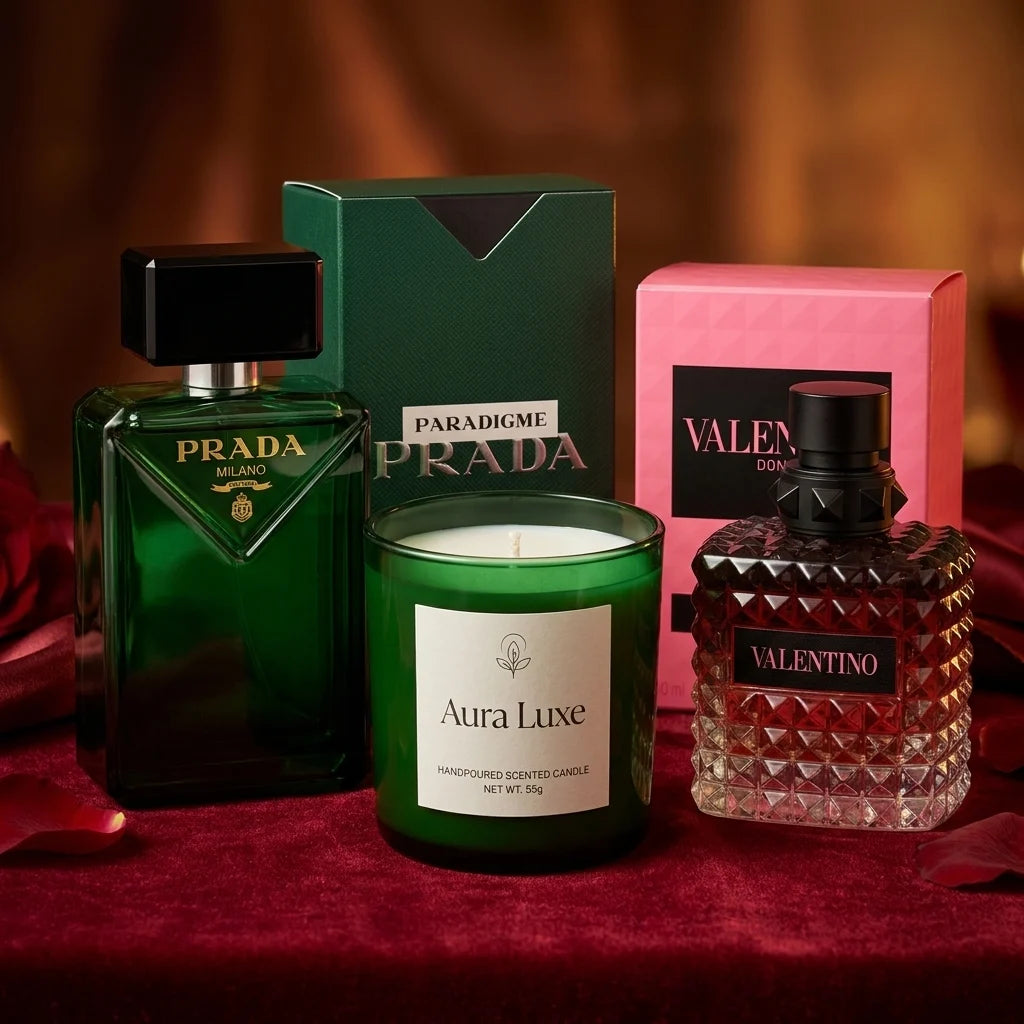 Luxury couple gift bundle UAE with Prada Paradigme 100ml, Valentino Donna Born In Roma 100ml, and Aura Luxe scented candle 55gm